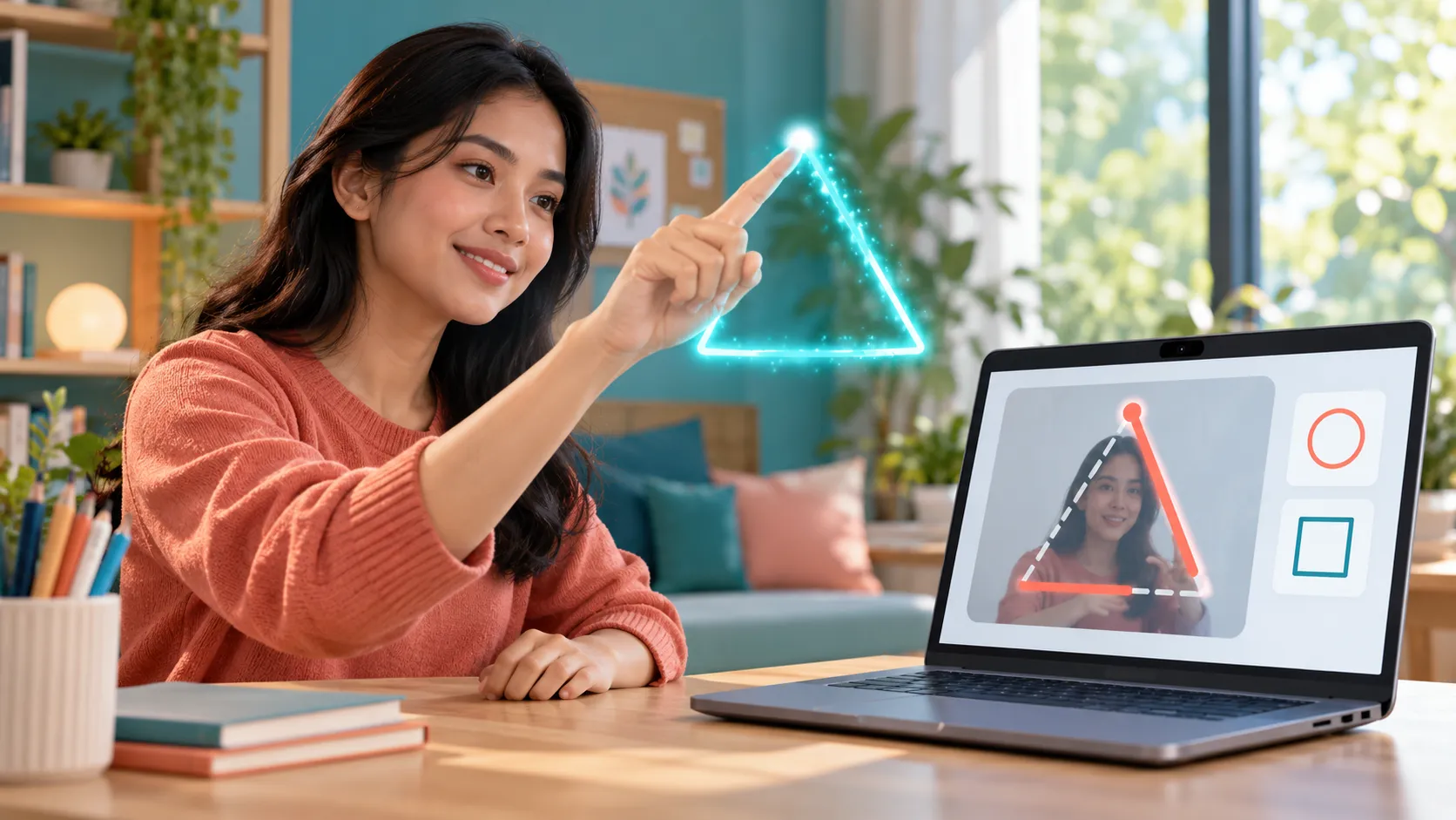 Peserta mengikuti bentuk segitiga dengan ujung jari dan melihat lintasannya pada layar laptop