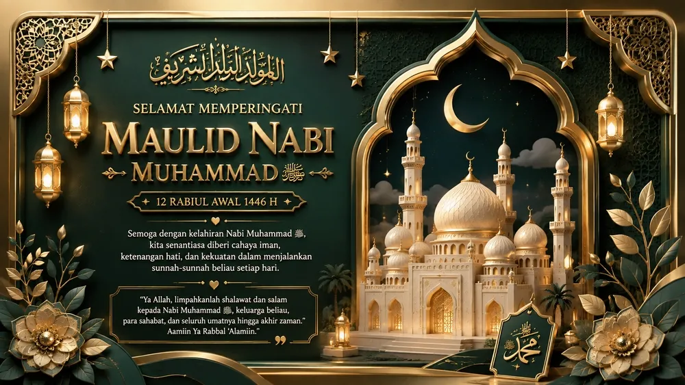 Contoh royal Islamic card Maulid Nabi dengan navy dan gold