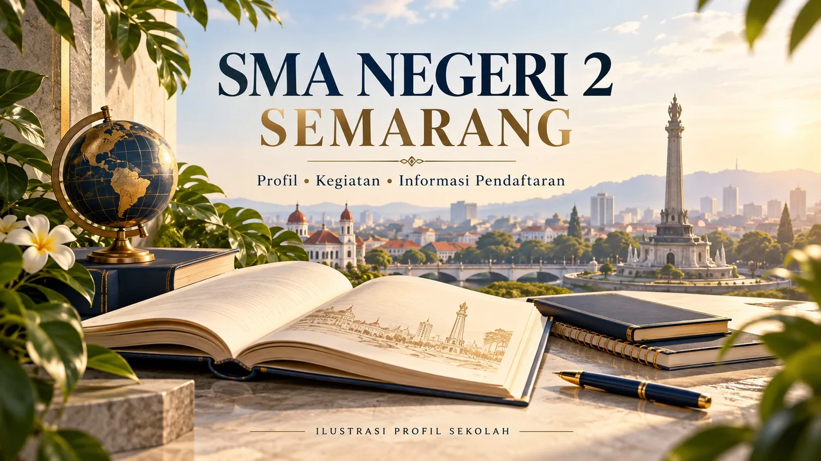 Ilustrasi profil SMA Negeri 2 Semarang dengan buku dan motif Kota Semarang