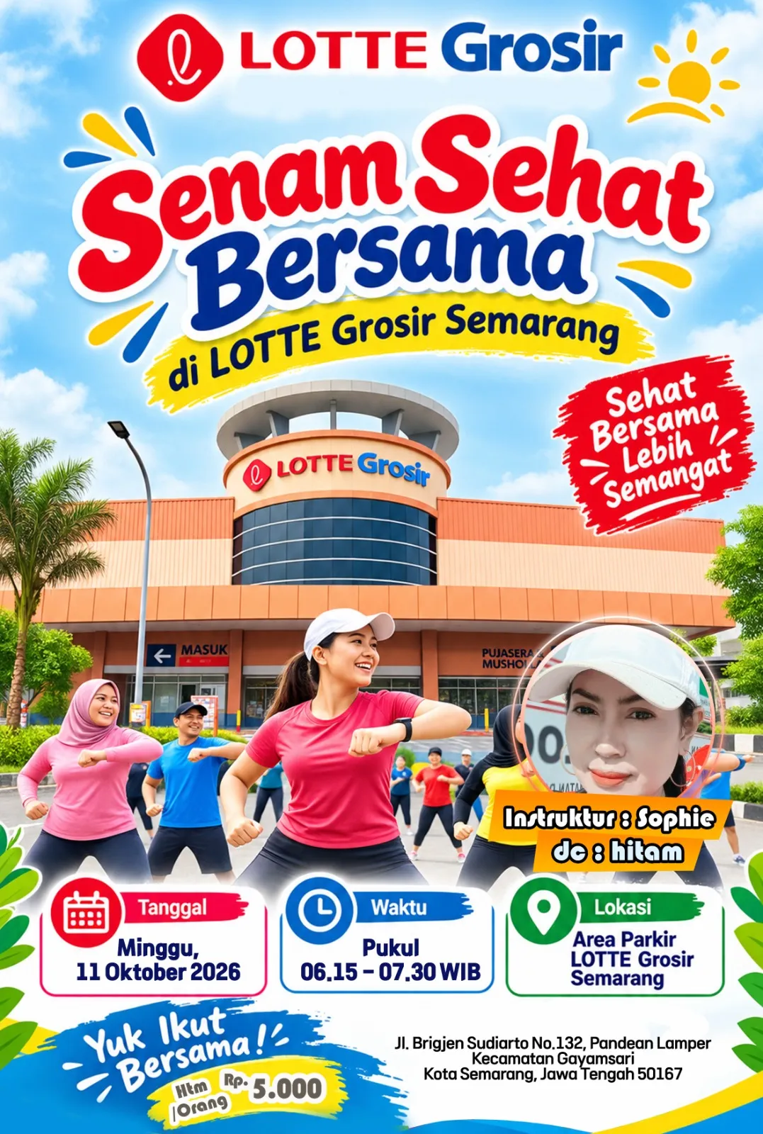 Poster senam bersama LOTTE Grosir Semarang 11 Oktober 2026 pukul 06.15 sampai 07.30 WIB dengan iuran 5000 rupiah per orang