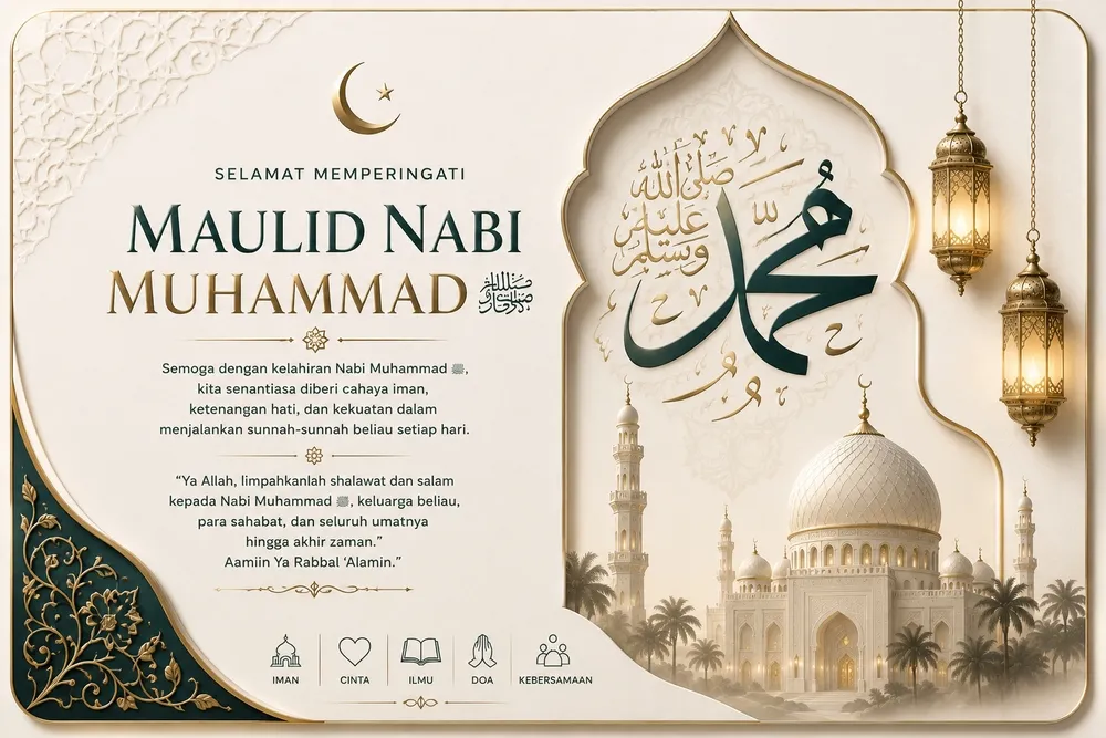 Contoh calligraphy art card Maulid Nabi dengan kaligrafi Arab sebagai fokus