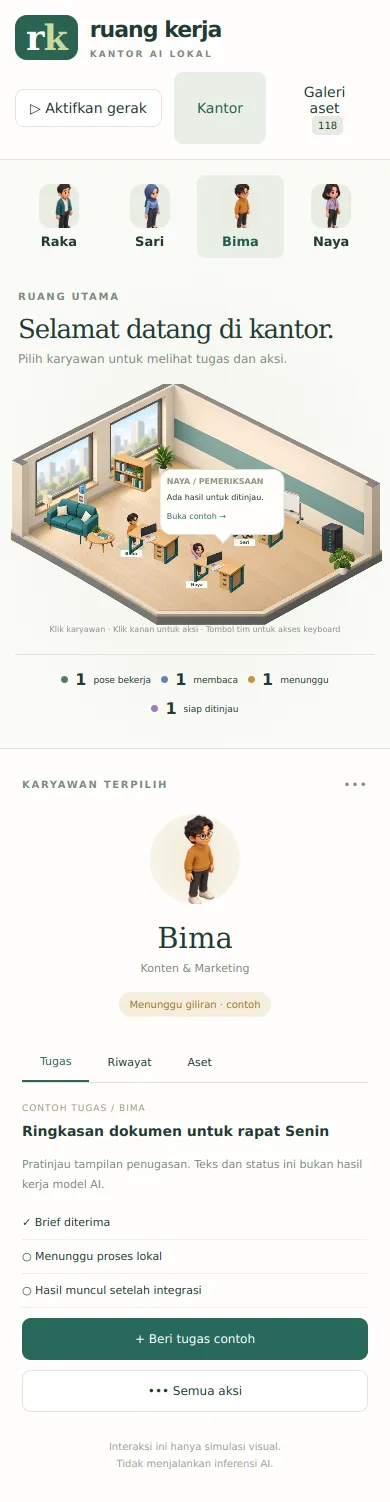 Tampilan vertikal demo kantor AI di ponsel dengan tombol nama karyawan dan panel tugas