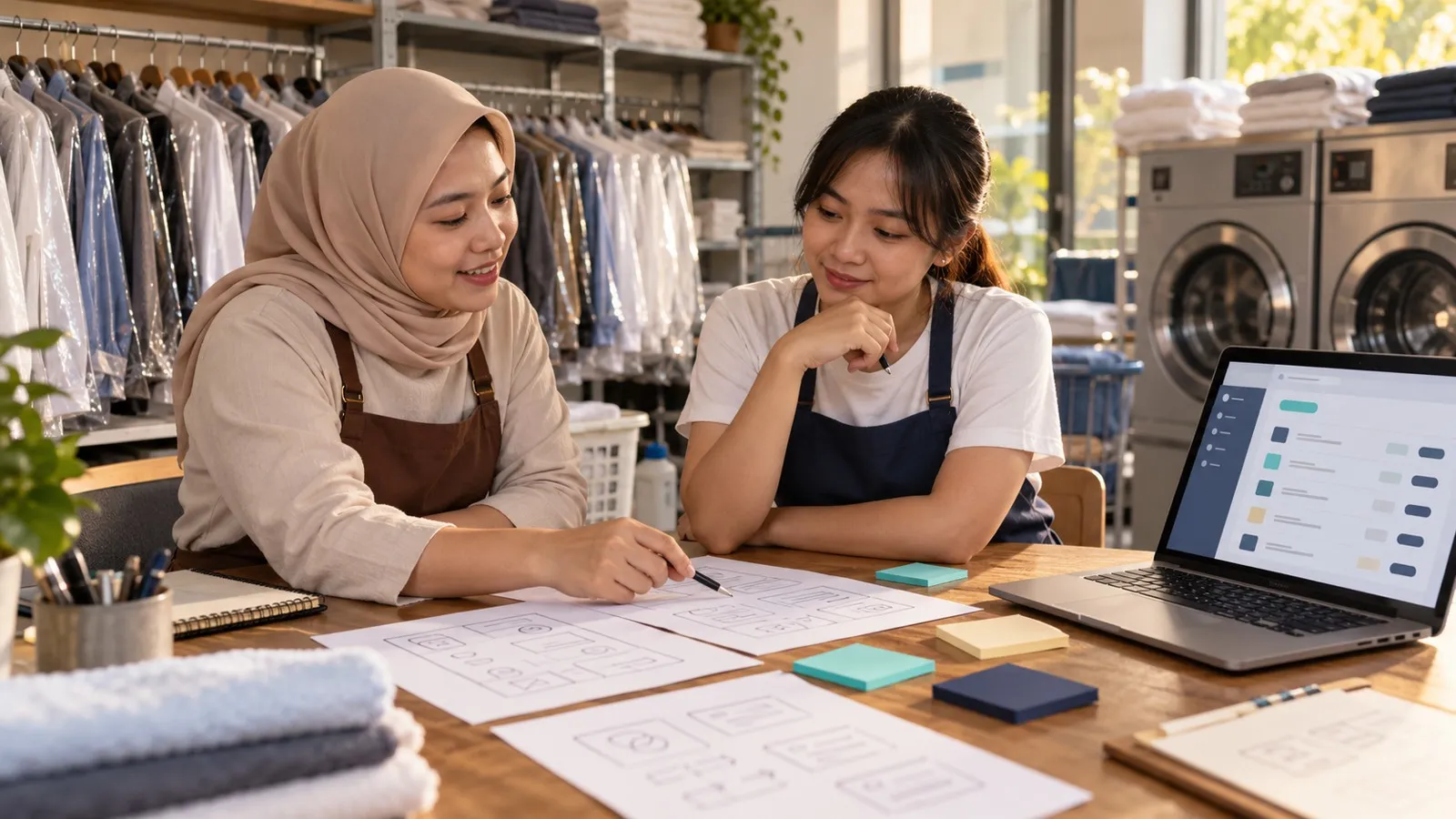 Pemilik dan pegawai laundry mendiskusikan kebutuhan aplikasi