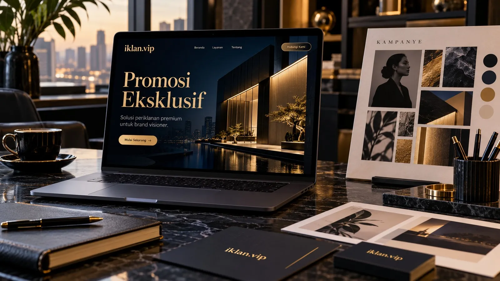 Konsep website iklan.vip dengan tampilan navy dan emas