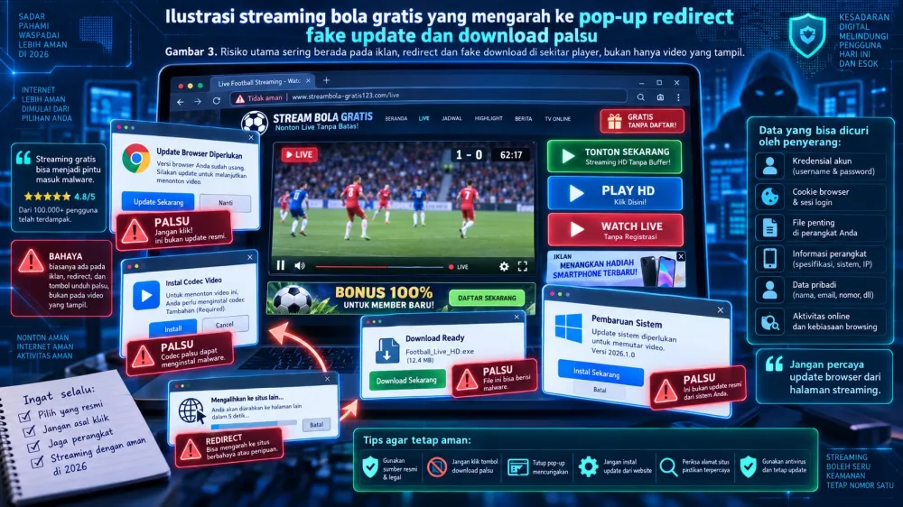 Ilustrasi streaming bola gratis yang mengarah ke pop-up redirect fake update dan download palsu