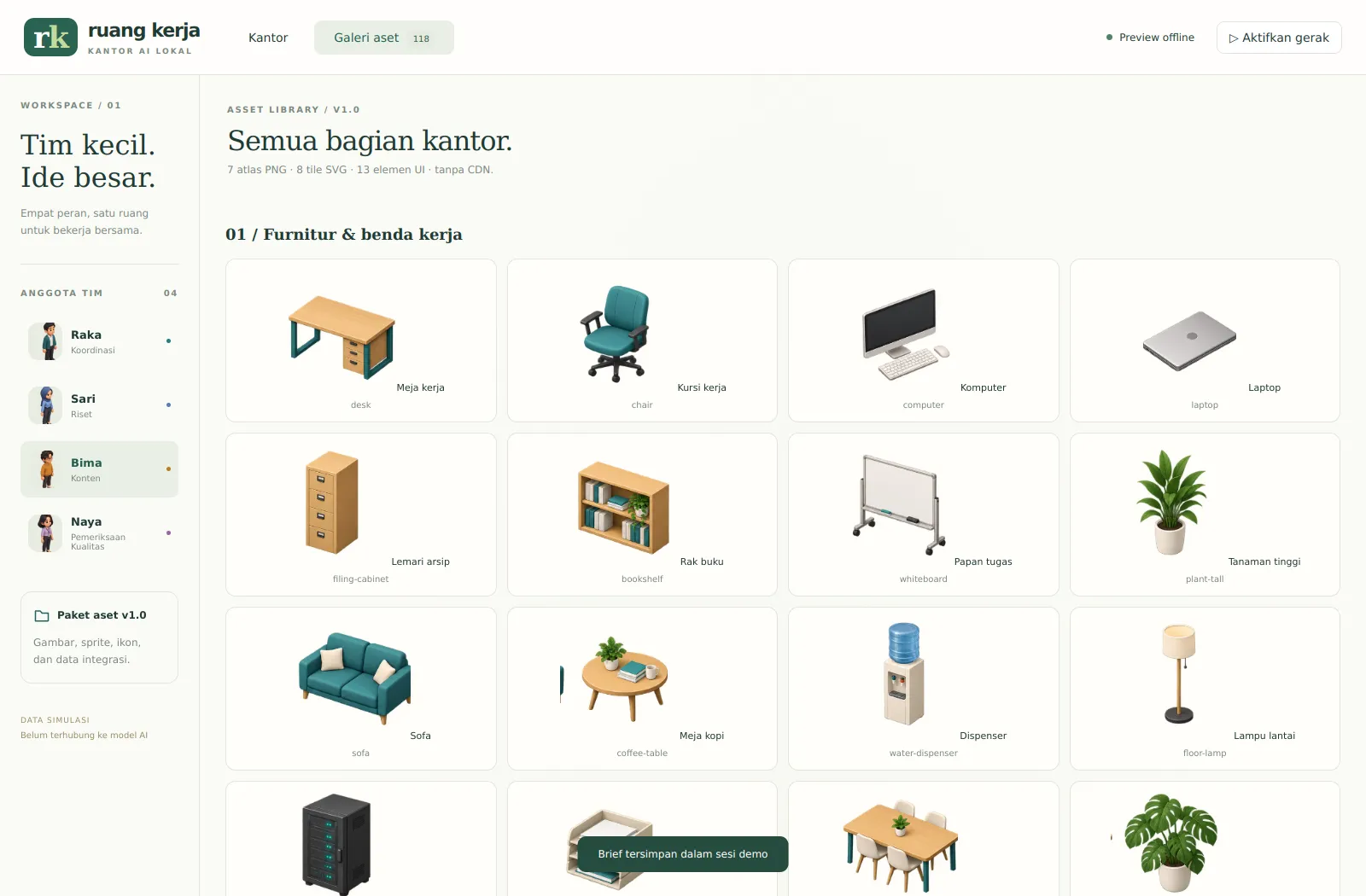 Screenshot galeri aset demo dengan kartu furnitur dan komponen kantor