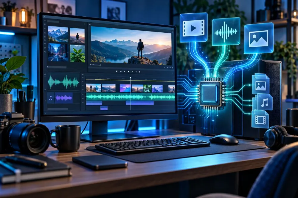 Ilustrasi produksi video, audio, dan siaran yang berjalan secara lokal atau self-hosted