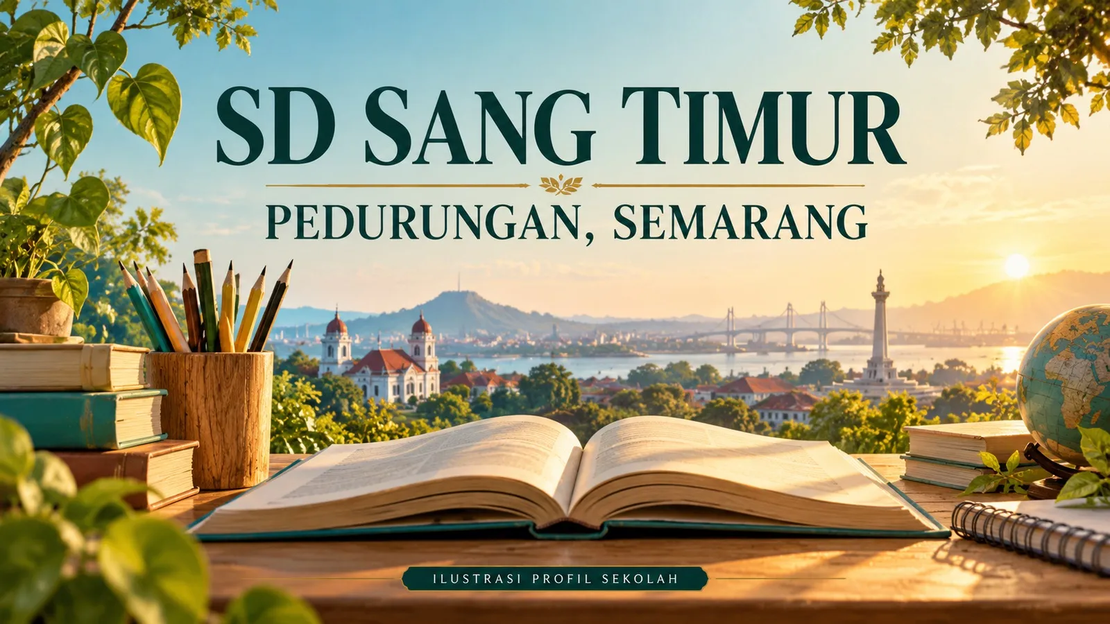 Ilustrasi profil SD Sang Timur Pedurungan Semarang dengan buku dan perlengkapan belajar