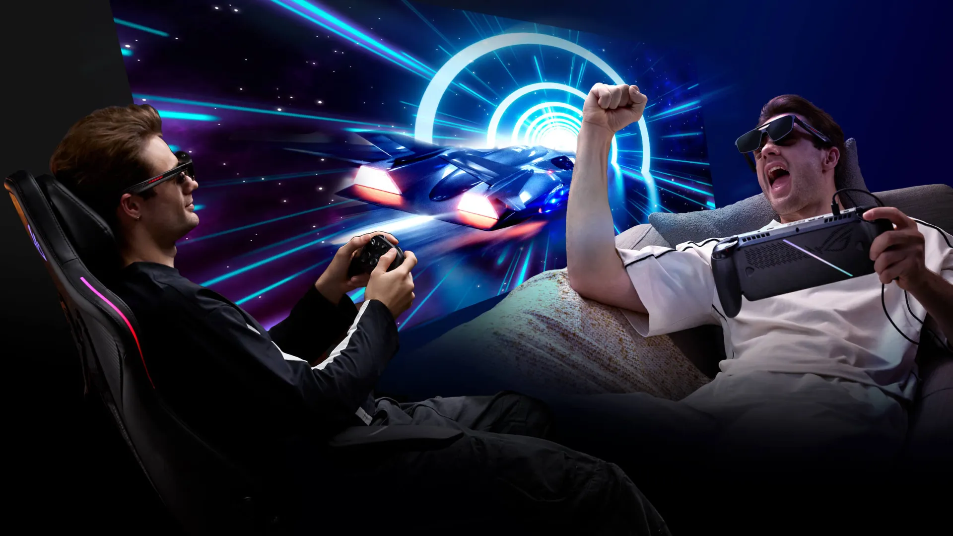 Visual resmi ASUS memperlihatkan penggunaan ROG XREAL R1 dengan controller dan handheld