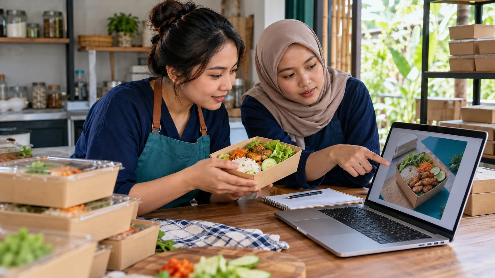 Pemilik usaha dan rekan memeriksa kesesuaian draf promosi dengan produk makanan asli