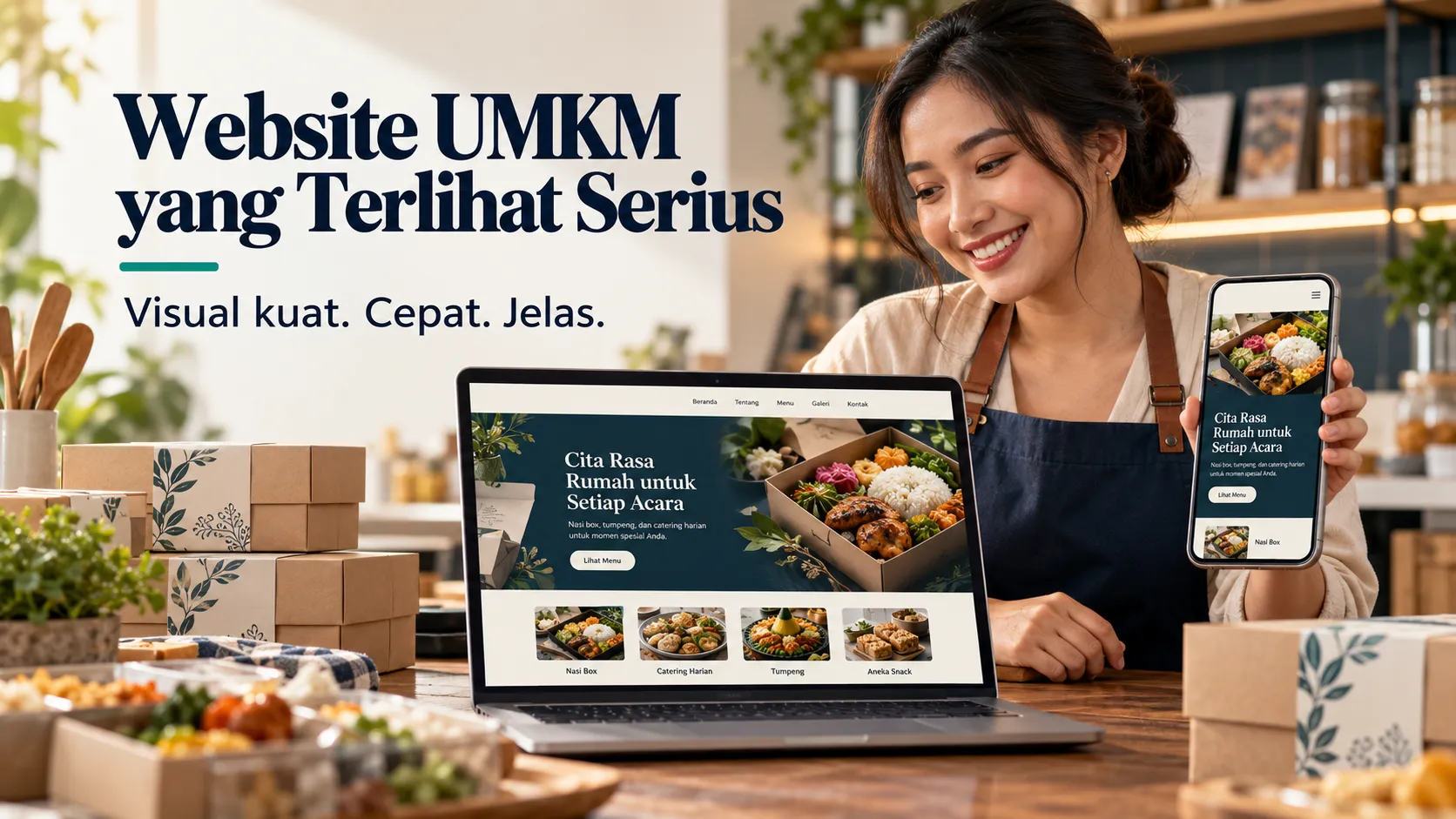 Ilustrasi pelaku UMKM dengan website usaha pada laptop dan ponsel