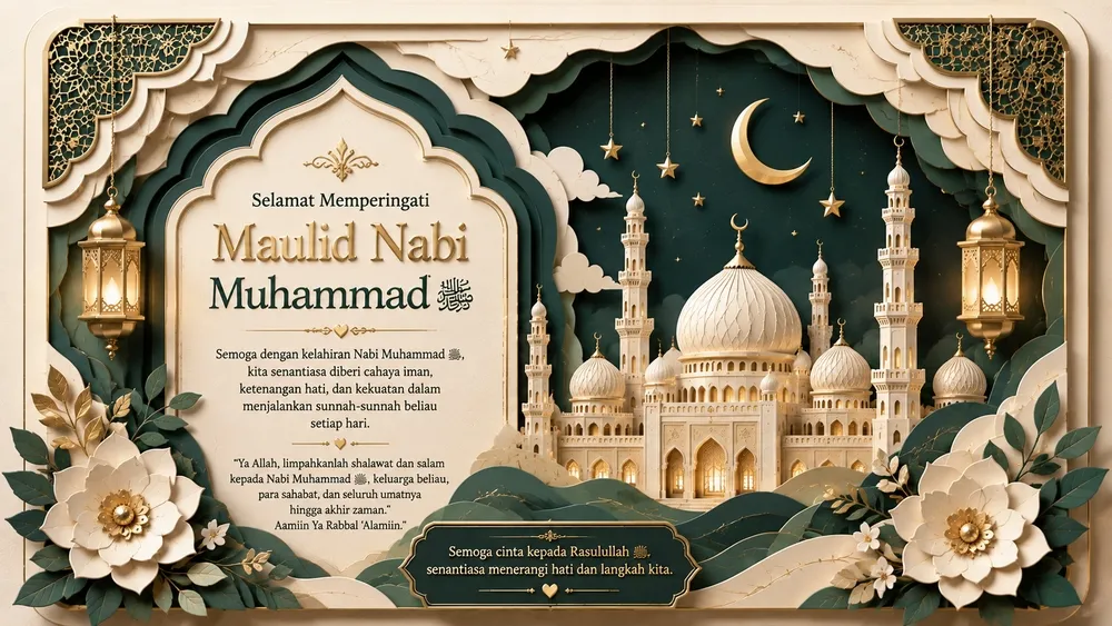 Contoh visual paper cut art untuk kartu ucapan Maulid Nabi Islami