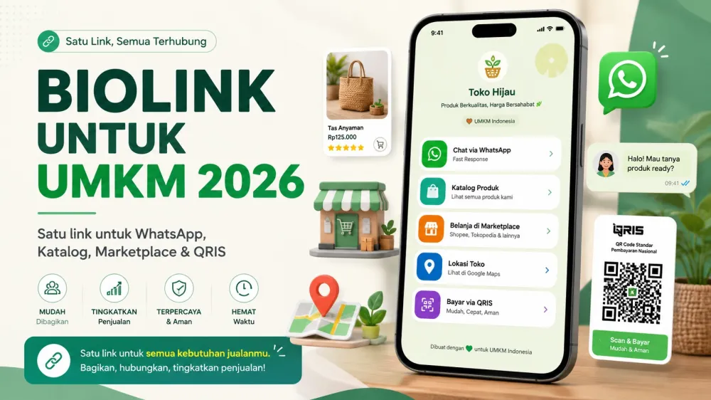 Ilustrasi biolink untuk UMKM 2026 yang menghubungkan WhatsApp, katalog, marketplace dan QRIS