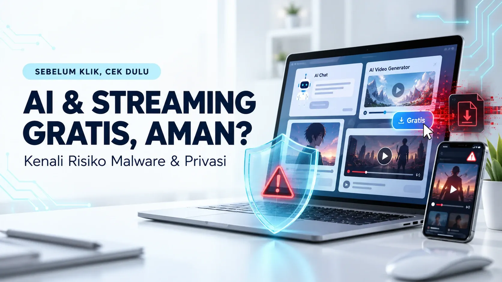 Laptop dan ponsel menampilkan layanan AI dan streaming, dengan simbol peringatan risiko malware serta privasi.