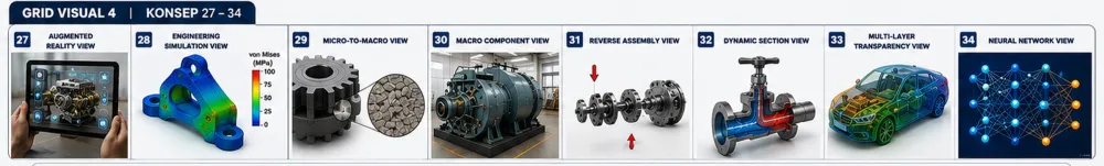 Grid Visual 4: 27. Augmented Reality View, 28. Engineering Simulation View, 29. Micro-to-Macro View, 30. Macro Component View, 31. Reverse Assembly View, 32. Dynamic Section View, 33. Multi-Layer Transparency View, 34. Neural Network View