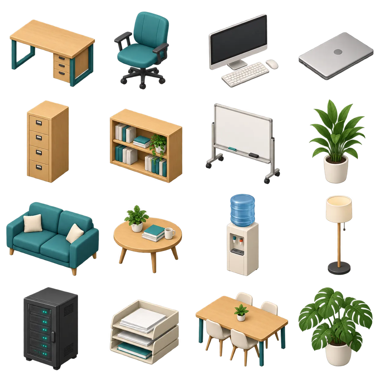 Enam belas aset furnitur kantor isometrik termasuk meja, komputer, rak, sofa, dan server