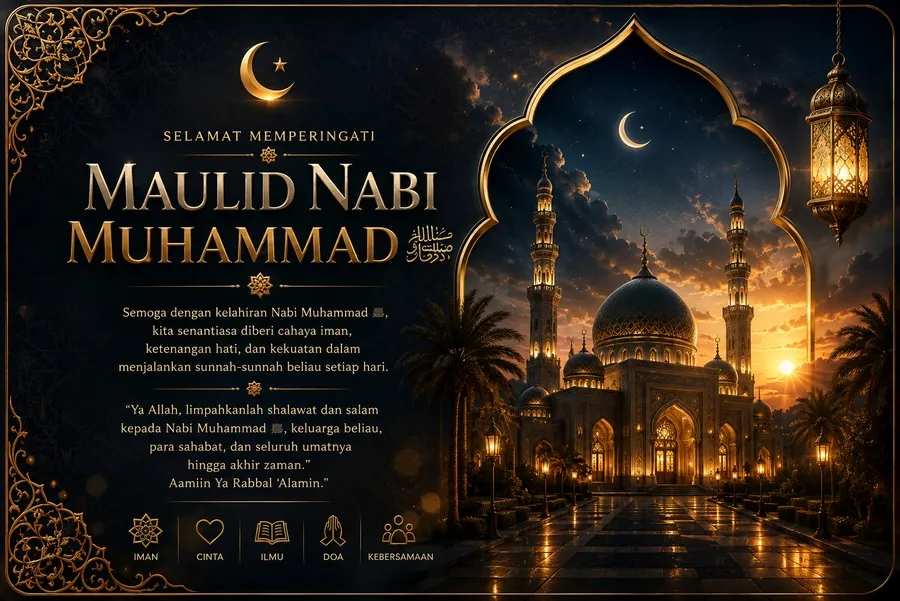 Contoh cinematic card Maulid Nabi dengan lighting dramatis