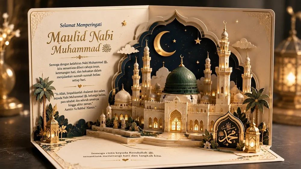 Contoh kartu ucapan Maulid Nabi pop-up dengan masjid bertingkat