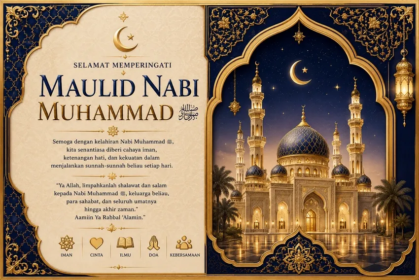 Contoh holographic card Maulid Nabi dengan refleksi warna