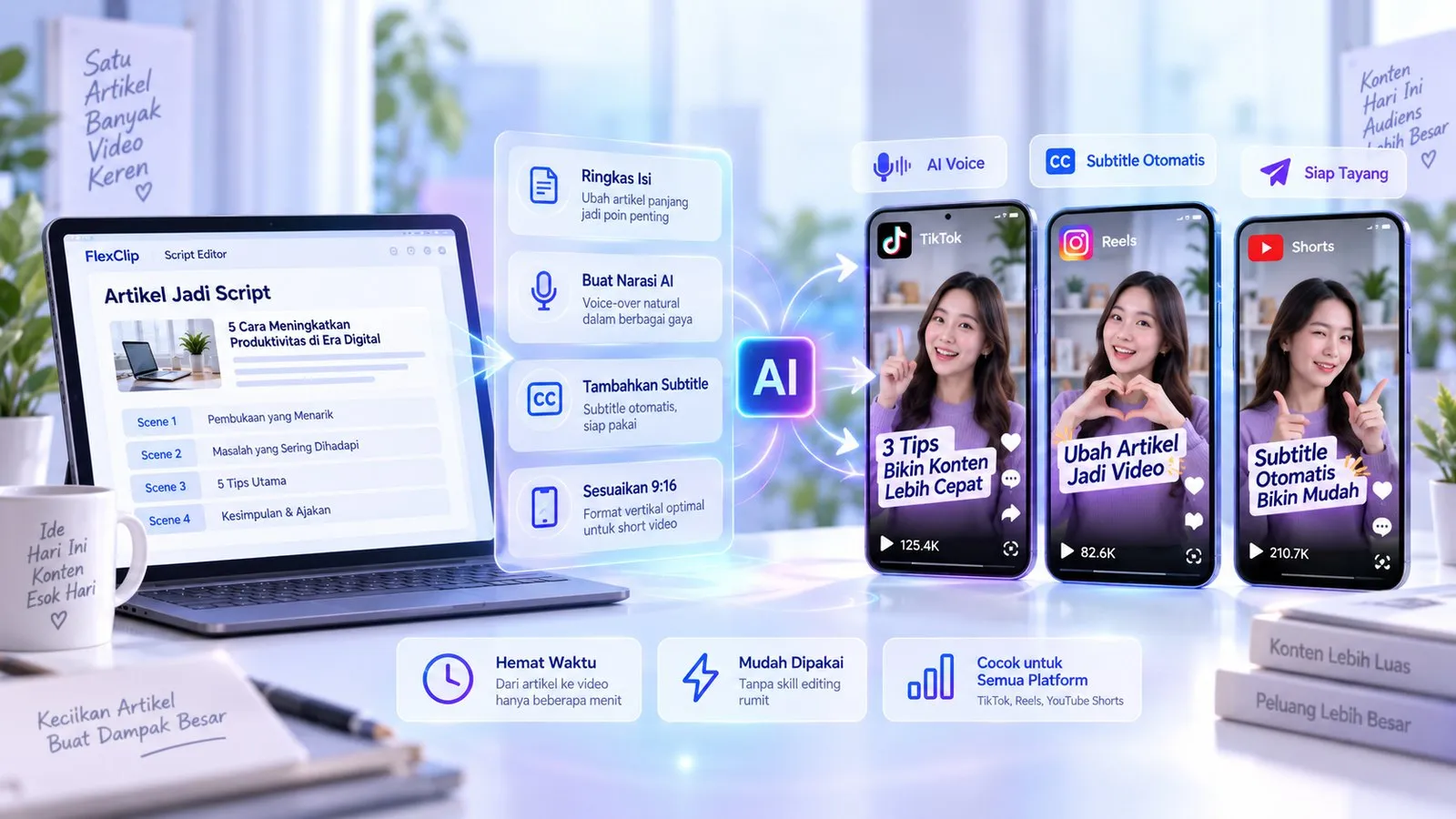 Workflow artikel menjadi script video AI dengan voice over subtitle dan format vertikal