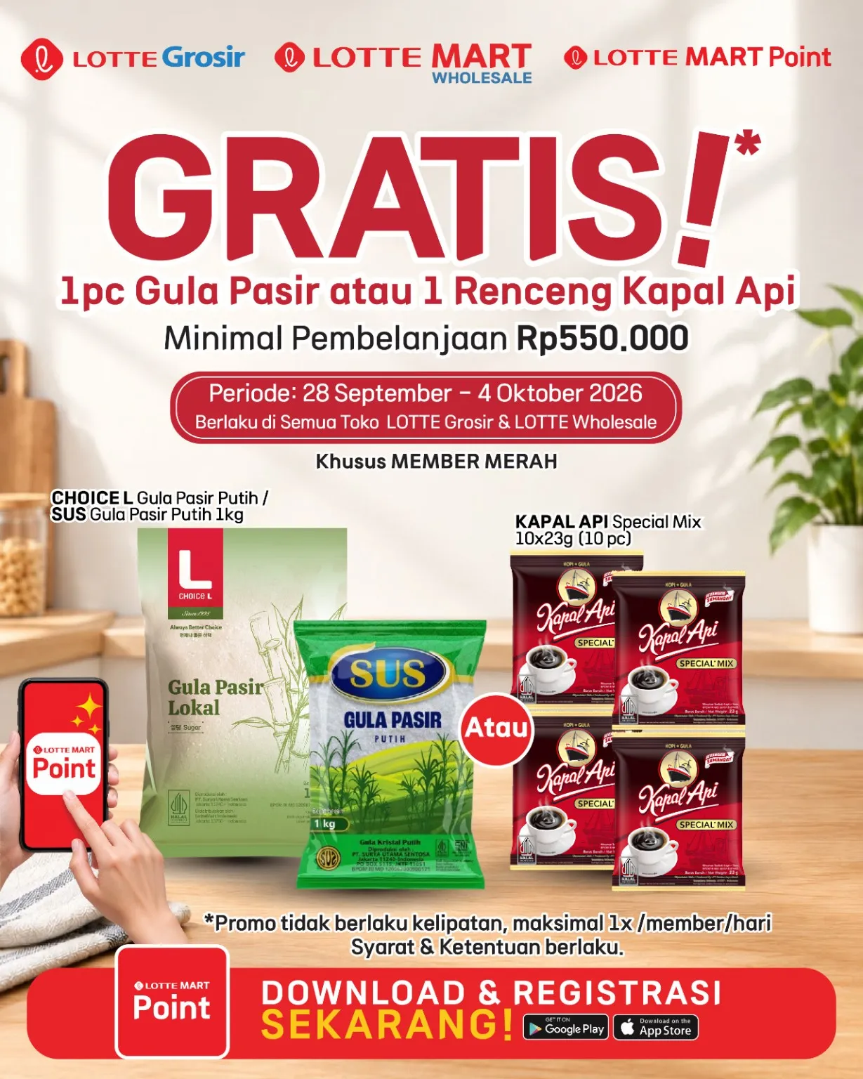 Promo hadiah gula atau kopi khusus member merah LOTTE Grosir Promo hadiah gula atau kopi khusus member merah LOTTE Grosir