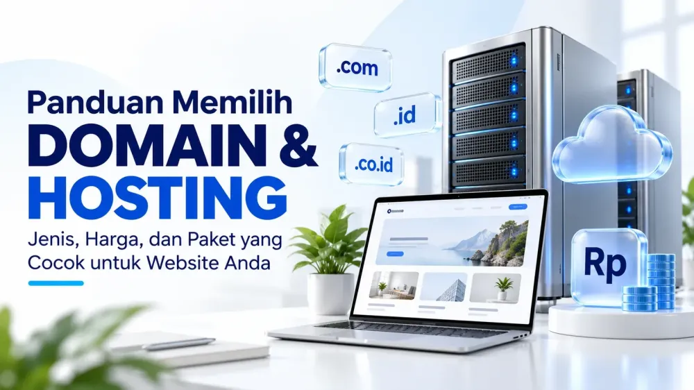 Panduan memilih domain dan hosting dengan ilustrasi server, laptop, ekstensi domain, dan biaya rupiah Panduan memilih domain dan hosting dengan ilustrasi server, laptop, ekstensi domain, dan biaya rupiah