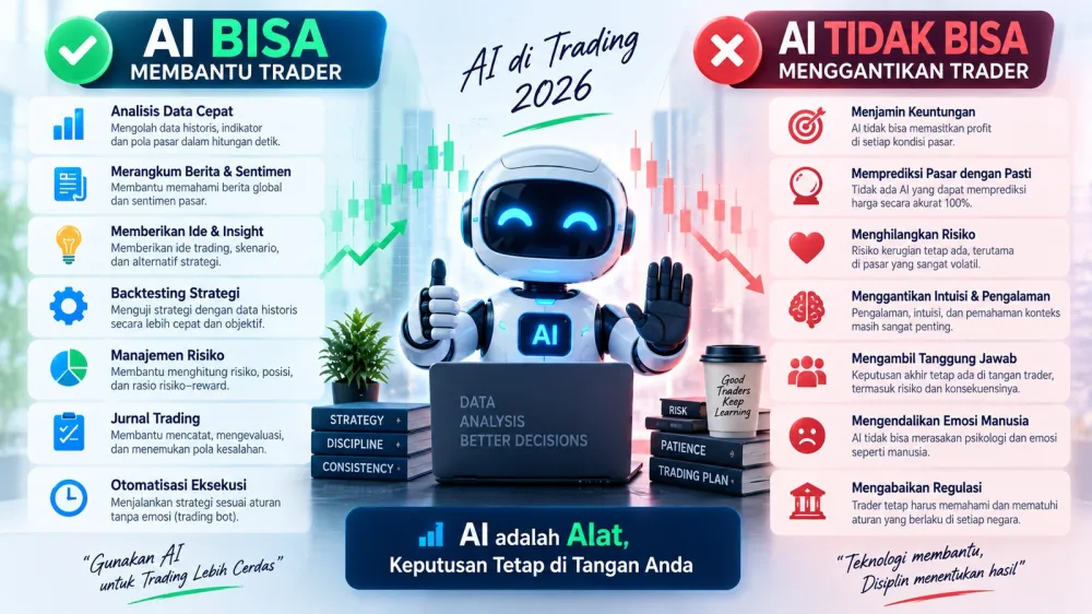 Infografis AI trading 2026 tentang kemampuan dan batasan AI