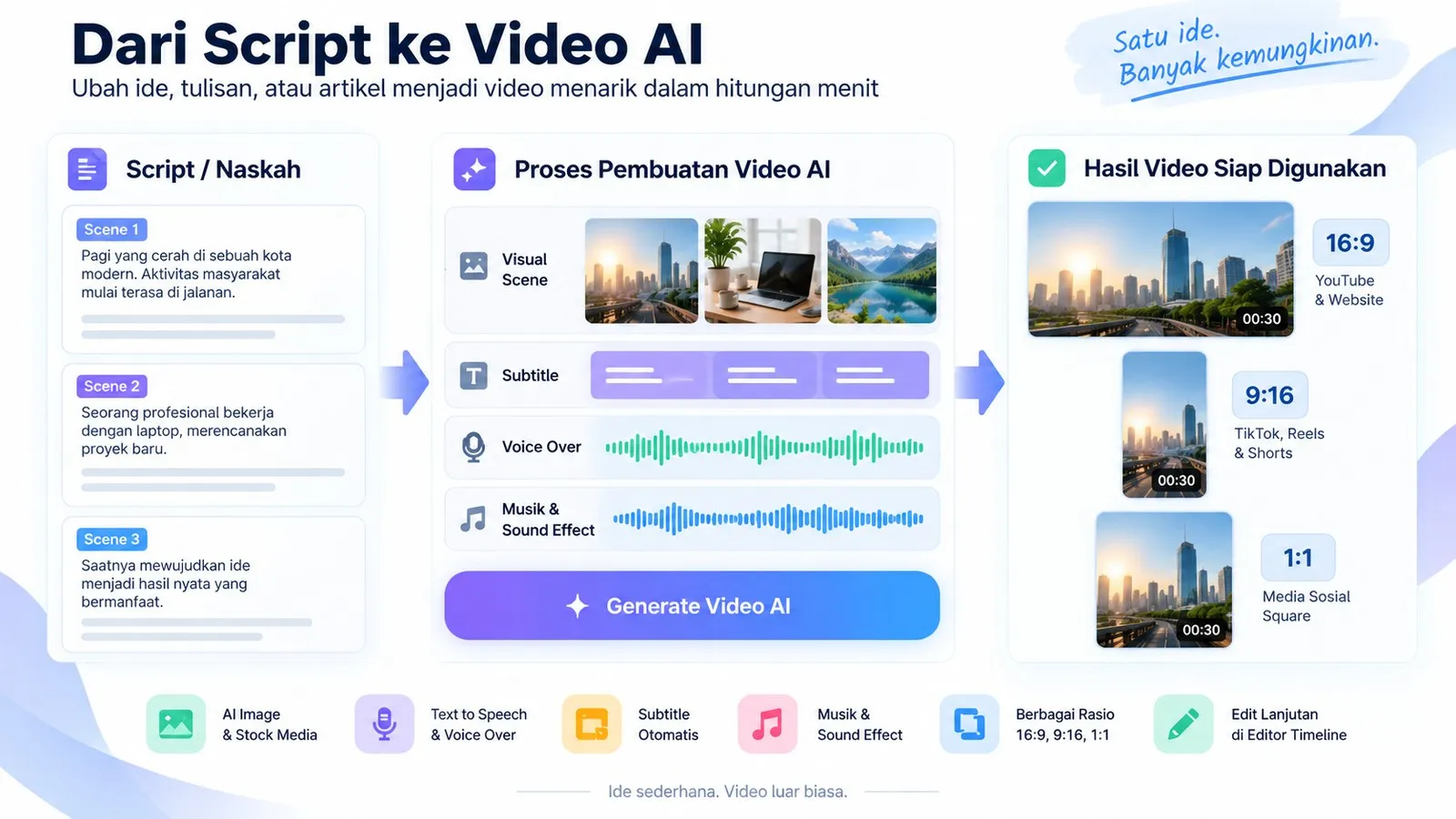 Infografik workflow script ke video AI dengan scene, visual, subtitle, voice-over, musik, dan rasio 16:9 9:16 1:1
