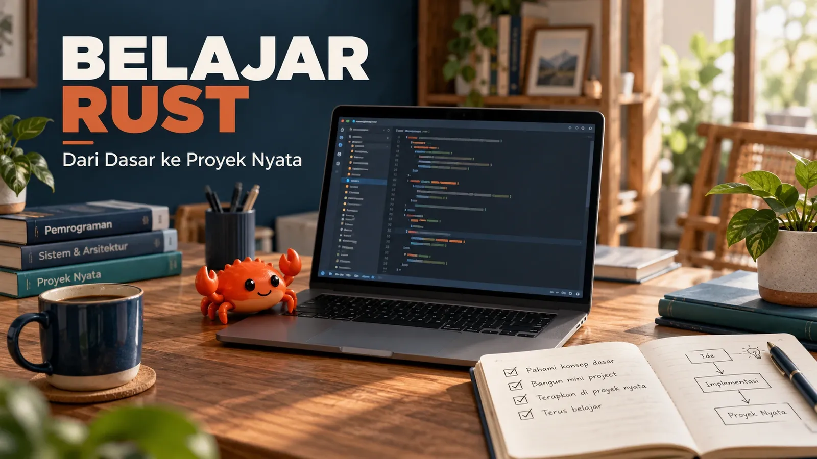 Ilustrasi meja kerja dengan laptop dan figur kepiting oranye untuk belajar Rust Ilustrasi meja kerja dengan laptop dan figur kepiting oranye untuk belajar Rust