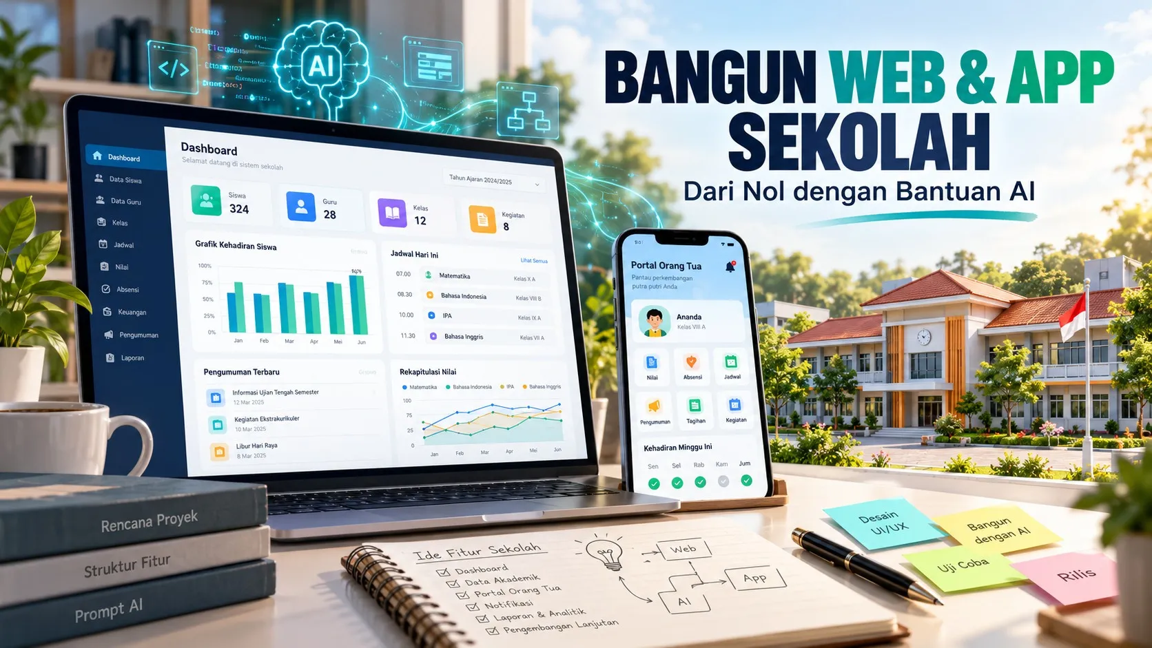 Ilustrasi membangun web dan aplikasi manajemen sekolah dengan bantuan AI