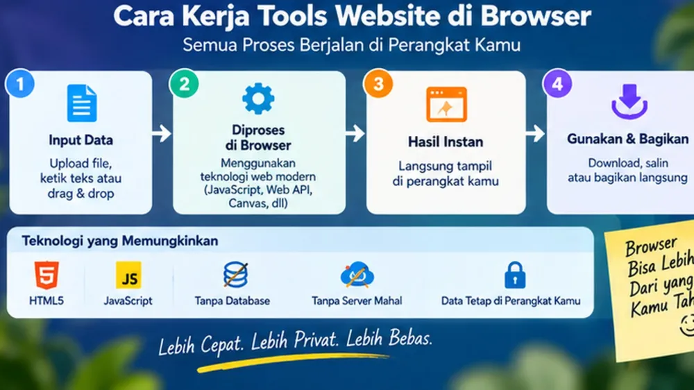 Workflow input, JavaScript, Web API, proses lokal, dan output pada tool browser