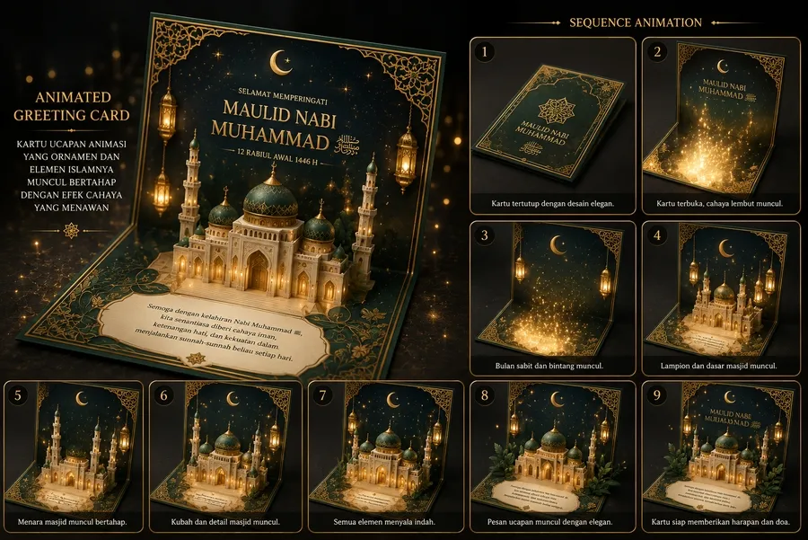 Konsep Animated Greeting Card Maulid Nabi dengan urutan animasi kartu dan ornamen Islami