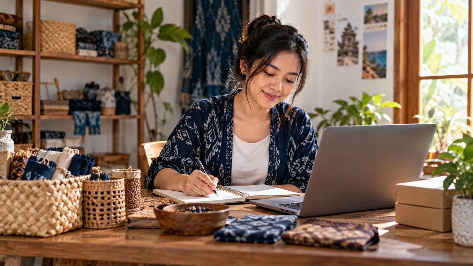 Pelaku usaha memulai pekerjaan sederhana dengan notebook, laptop, dan produk