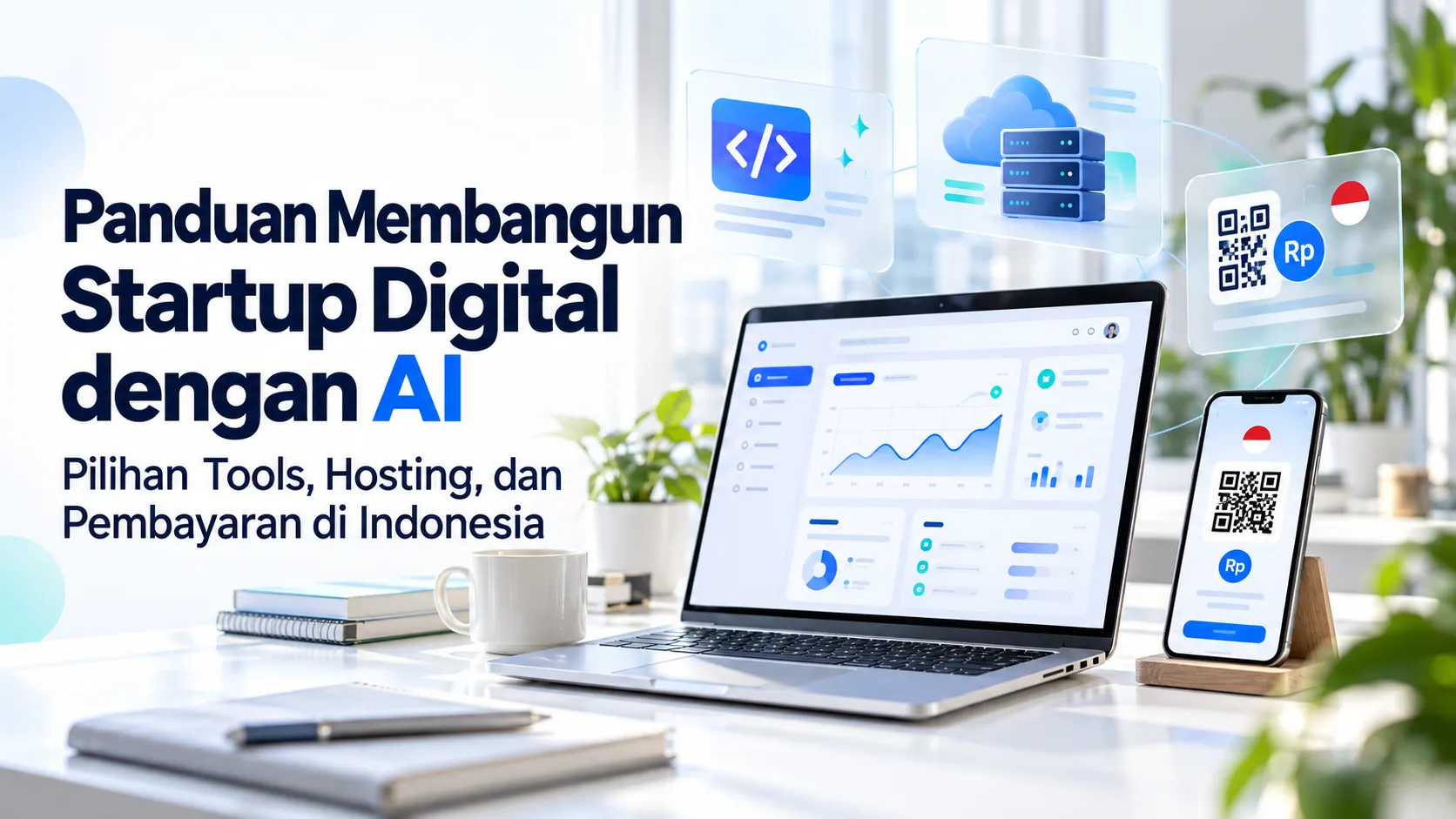 Panduan membangun startup digital dengan AI, menampilkan laptop, cloud hosting, kode aplikasi, dan pembayaran rupiah.