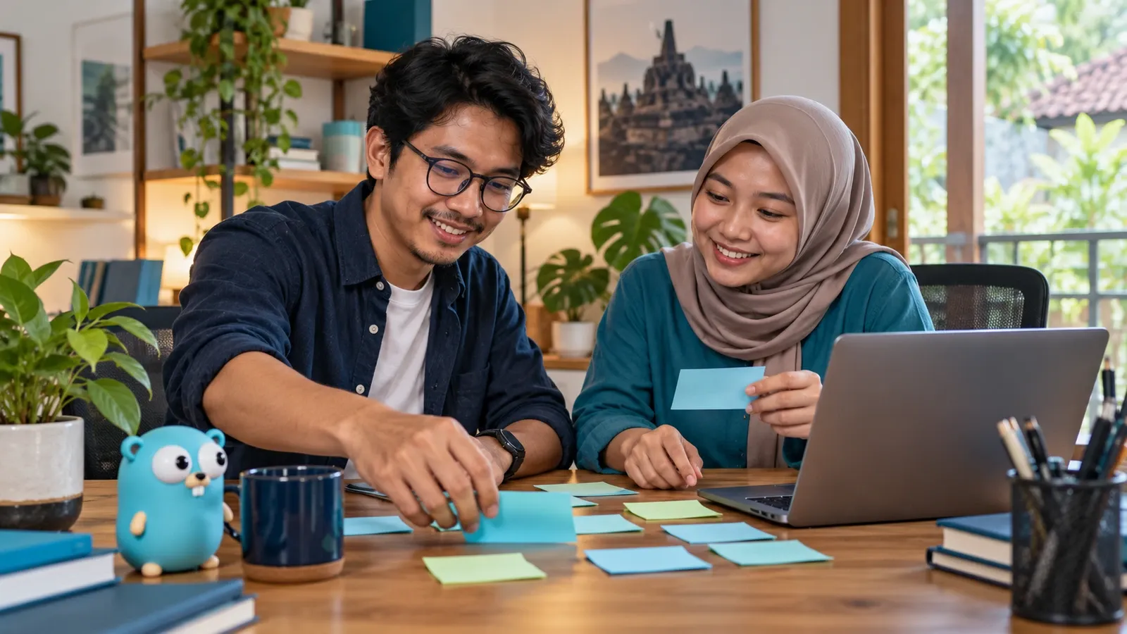 Ilustrasi dua pembelajar menyusun pekerjaan sebagai metafora concurrency Ilustrasi dua pembelajar menyusun pekerjaan sebagai metafora concurrency