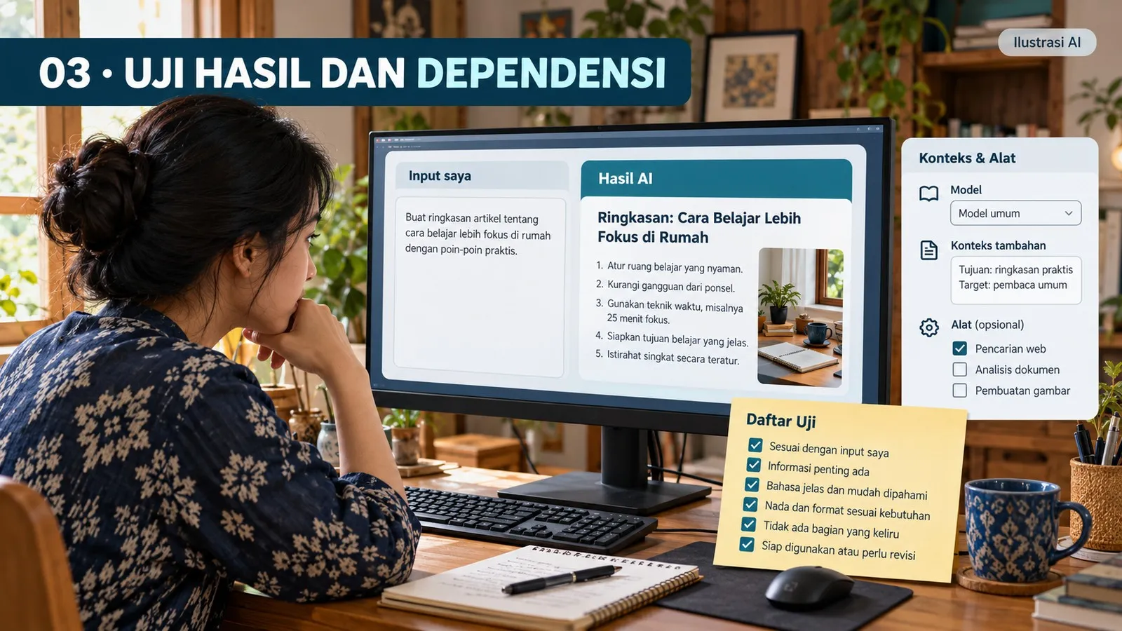 Membandingkan hasil AI dengan bahan, tools, dan keluaran yang diharapkan