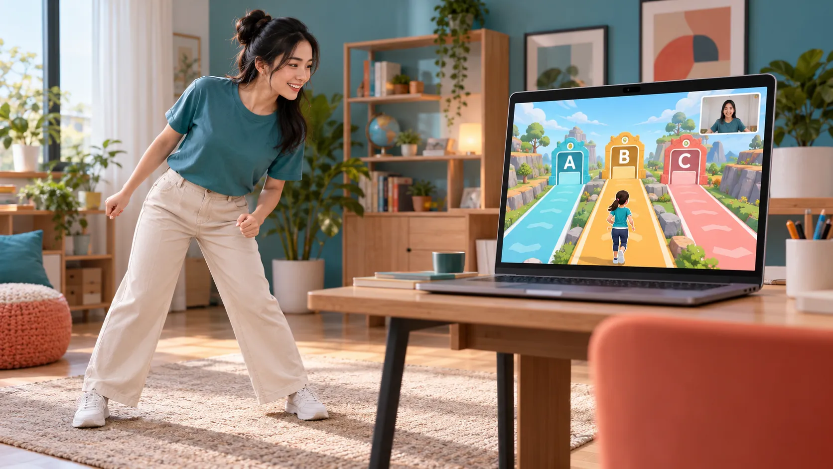 Peserta bergeser ke samping untuk memilih salah satu dari tiga jalur jawaban pada game laptop
