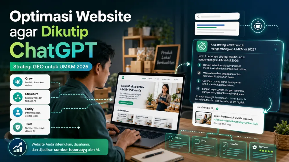 Ilustrasi website UMKM yang terhubung ke jawaban AI dan sumber kutipan