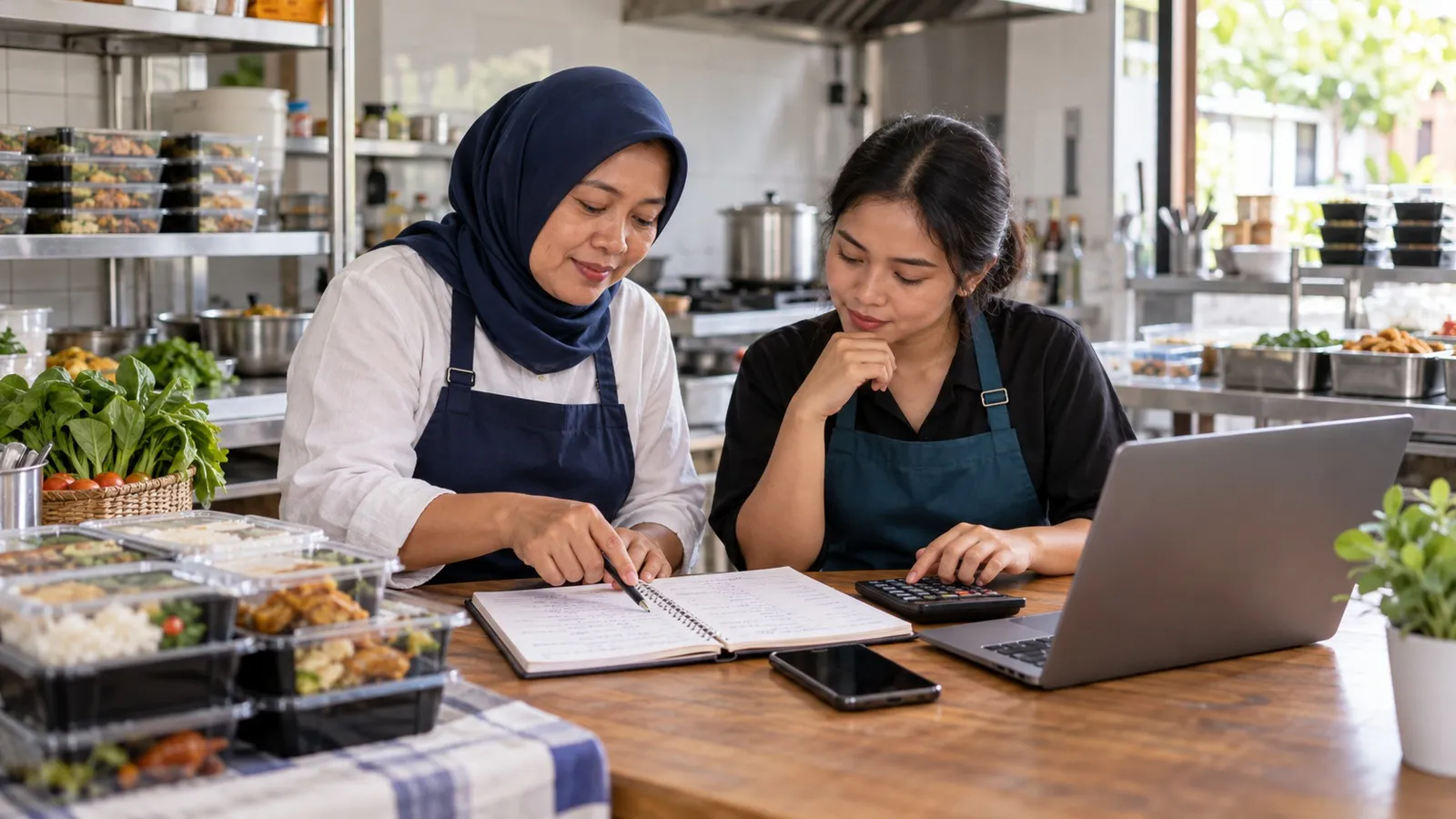 Pemilik katering memeriksa pesanan dan kebutuhan produksi