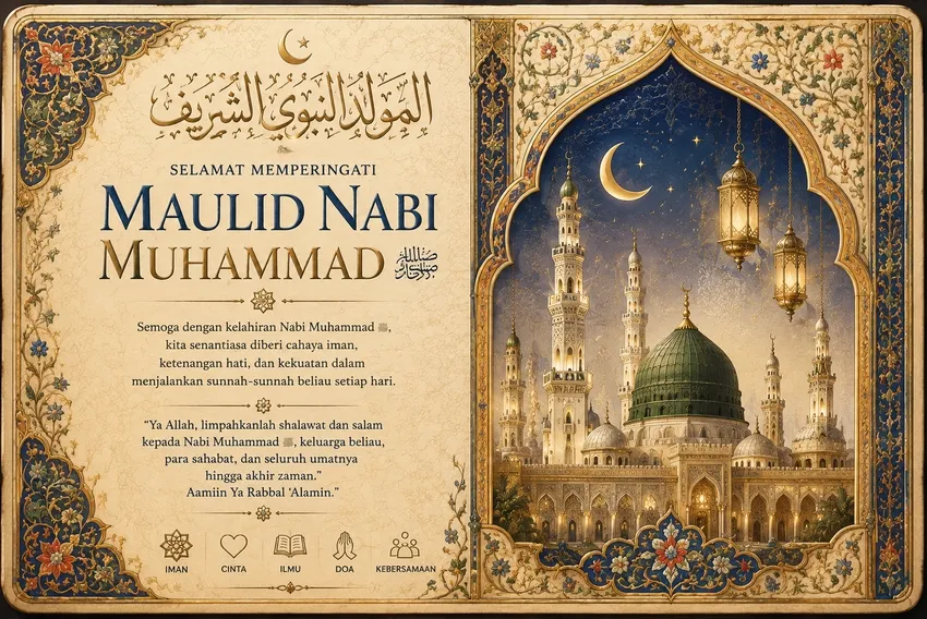 Contoh kartu Maulid Nabi bergaya illuminated Islamic manuscript