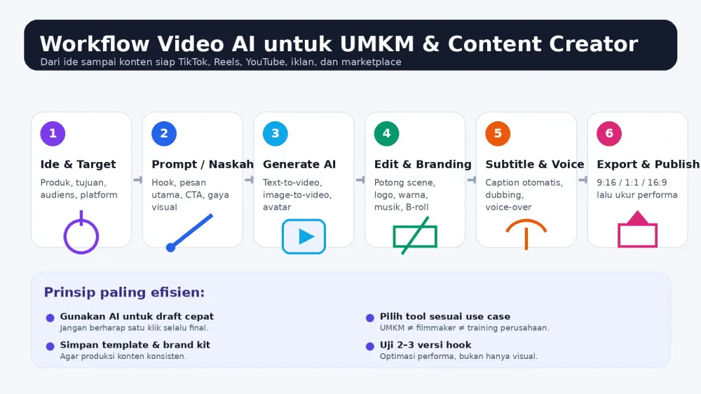 Workflow pembuatan video AI dari ide, prompt, generate, editing, subtitle, hingga publish