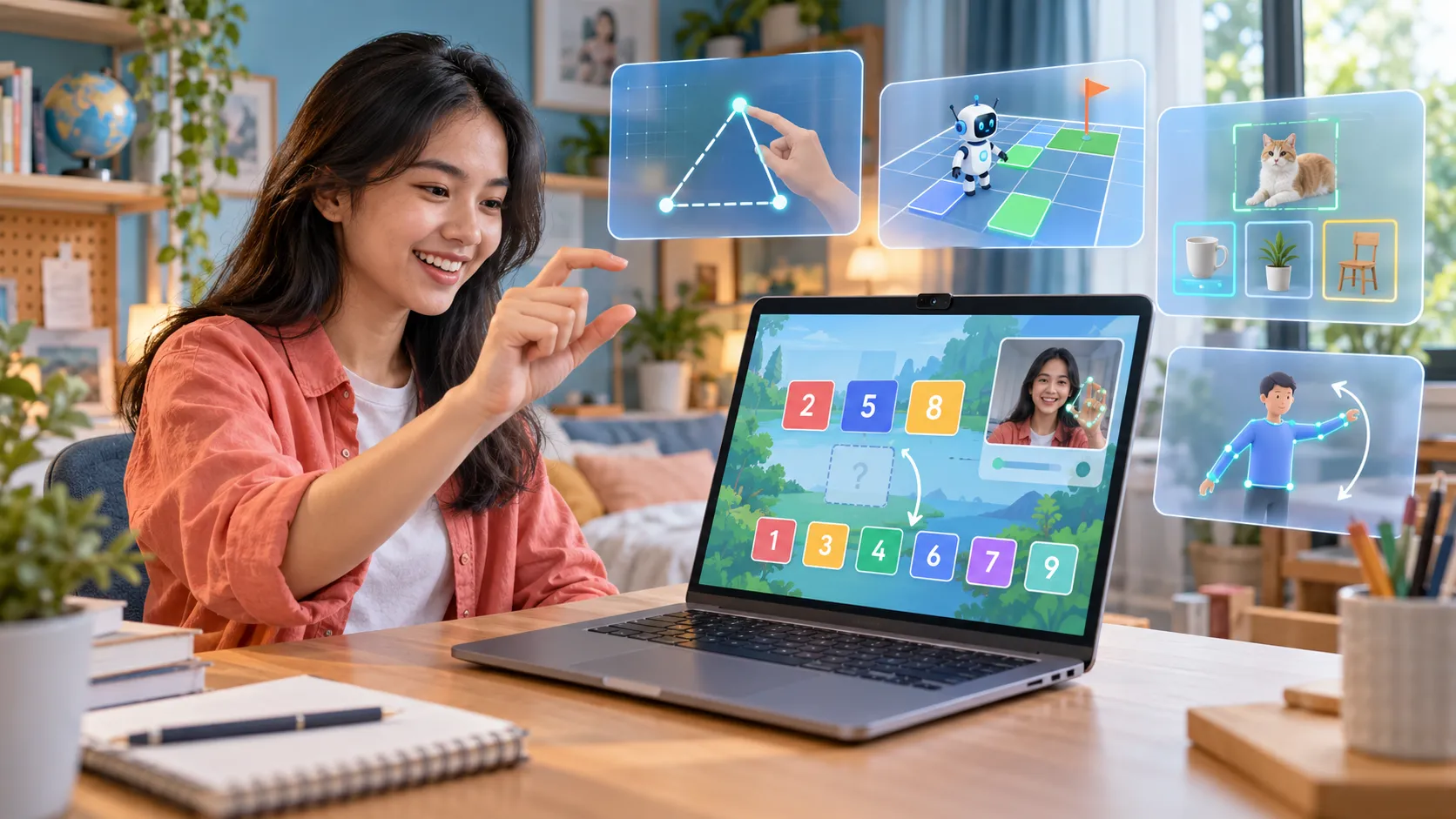 Ilustrasi pembelajaran melalui laptop dengan kontrol tangan, bentuk geometri, robot, dan pengenalan benda