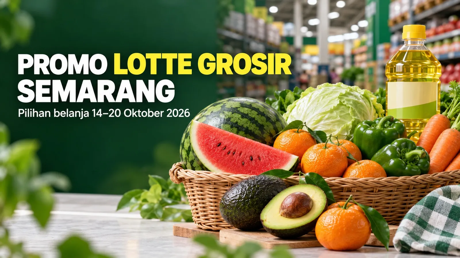Ilustrasi buah, sayuran, dan minyak goreng untuk artikel promo LOTTE Grosir Semarang 14&ndash;20 Oktober 2026