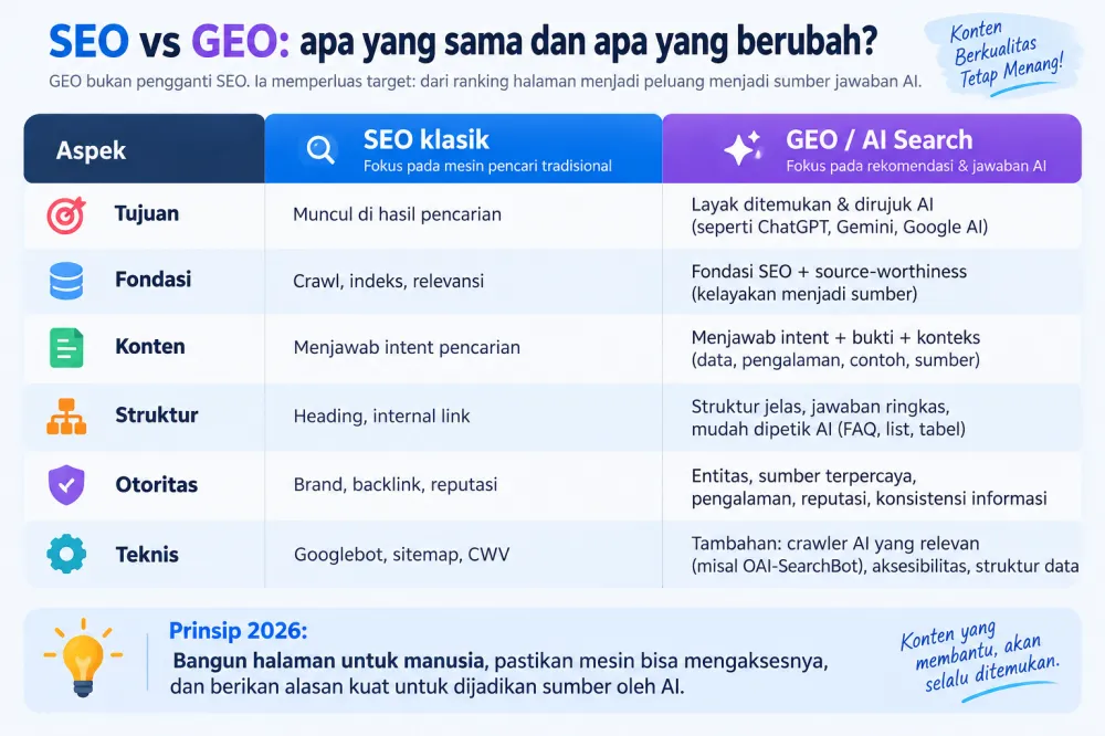 Perbandingan SEO dan GEO untuk AI Search 2026