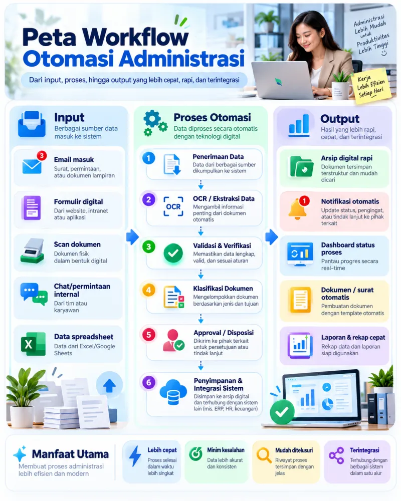 Peta workflow otomasi administrasi dari input ke proses dan output