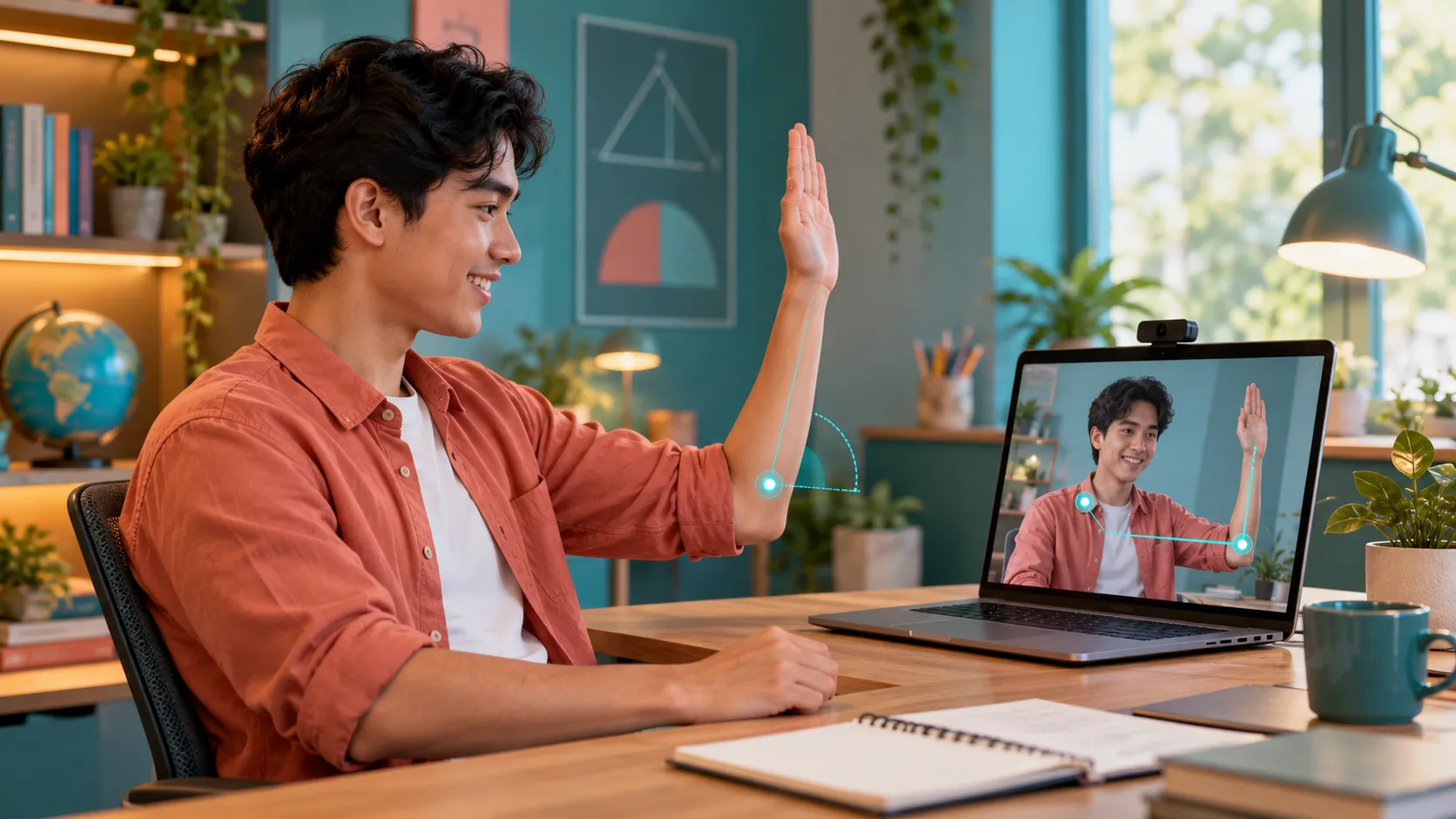 Peserta membentuk posisi lengan menyerupai sudut sambil melihat overlay titik tubuh pada laptop