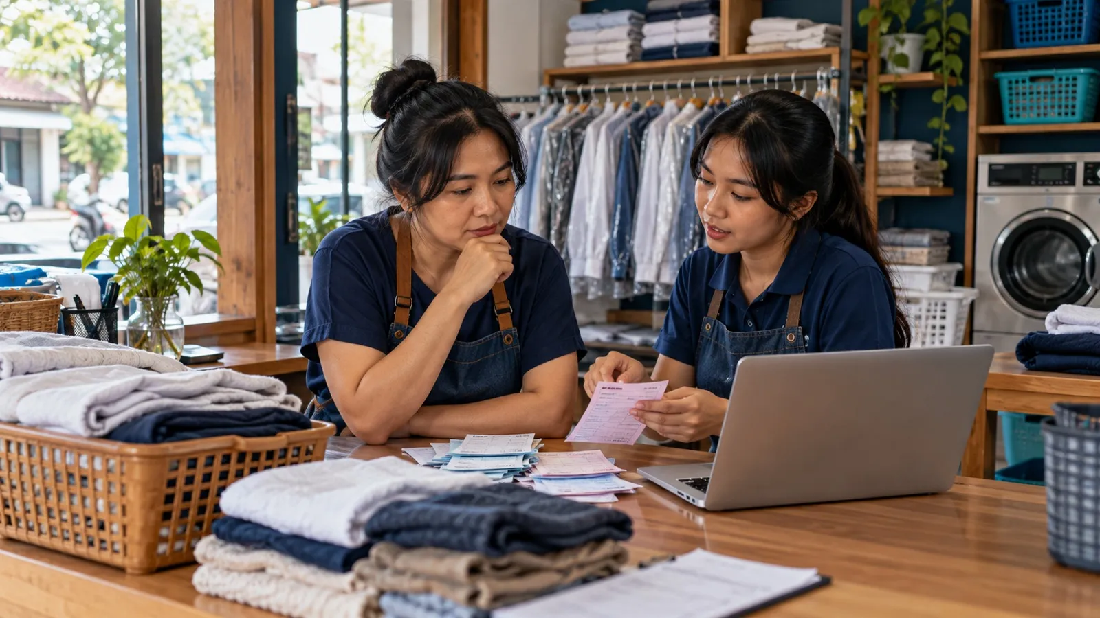 Pemilik laundry meninjau nota dan kebutuhan aplikasi bersama pegawai