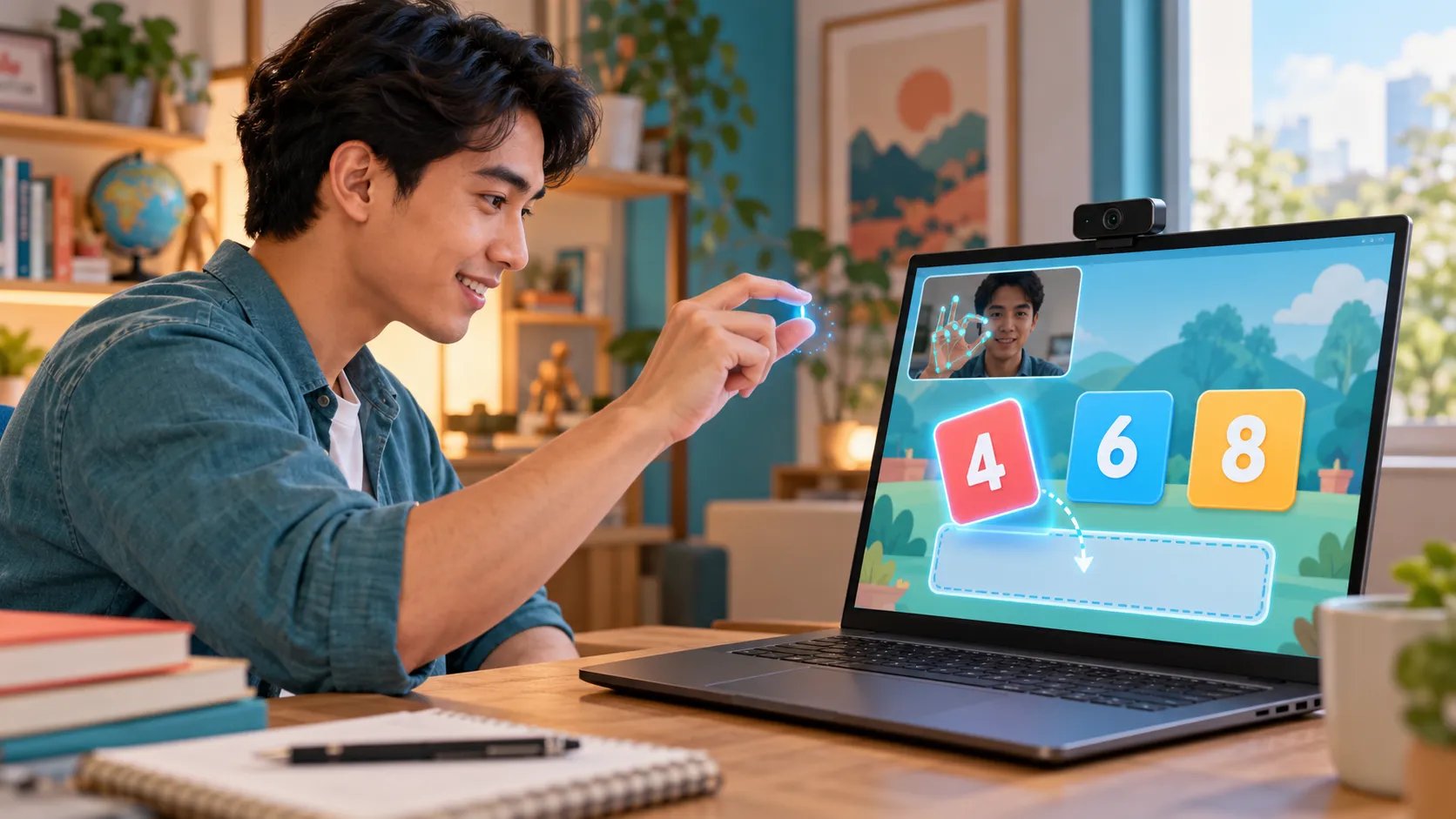 Peserta belajar menjepit kartu angka pada layar laptop melalui gerakan ibu jari dan telunjuk