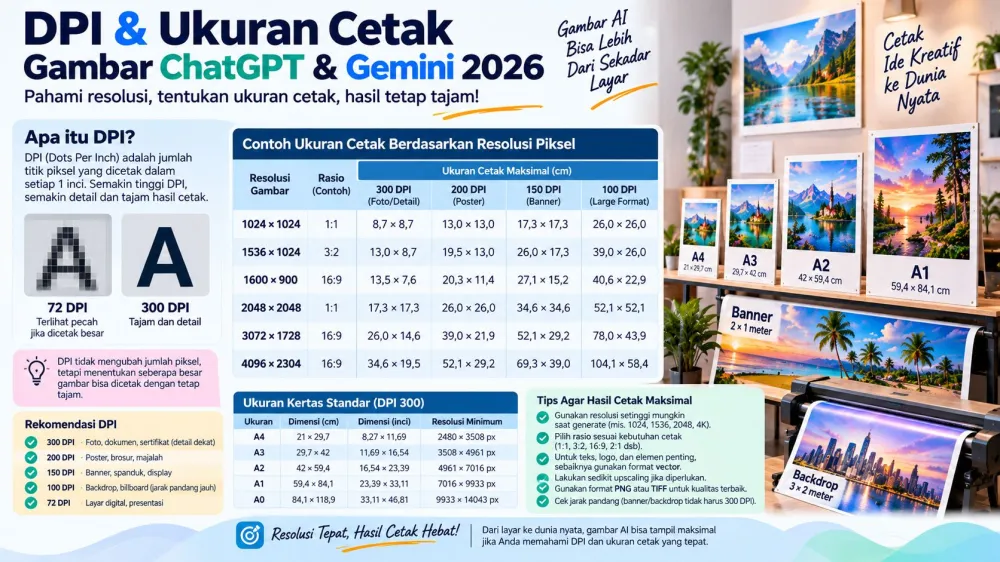 Infografis hubungan pixel, DPI dan ukuran cetak gambar AI