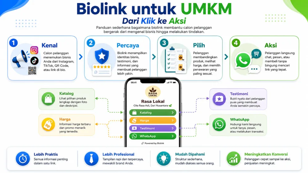 Alur biolink UMKM dari mengenal bisnis percaya memilih produk hingga chat WhatsApp